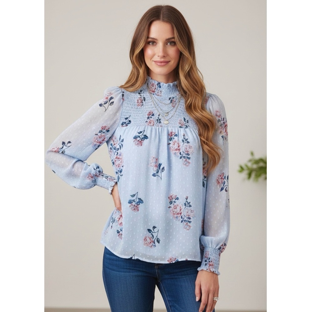 Maison d’Amelie Paris Swiss Dot Floral Blouse Romantic Blue Women’s Sz Small Top